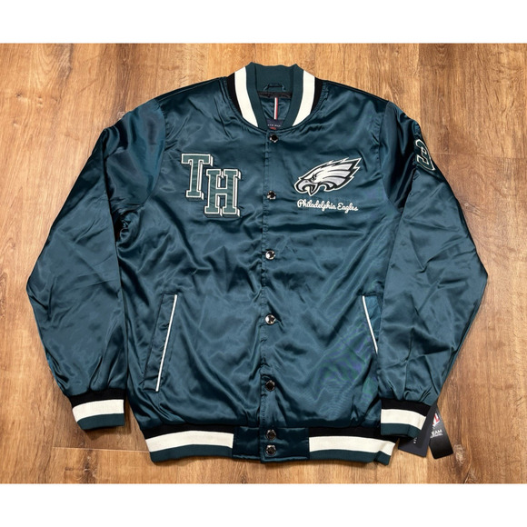 Tommy Hilfiger Philadelphia Eagles Satin Jacket Mens NFL NWT Varsity Green XL - Picture 1 of 7